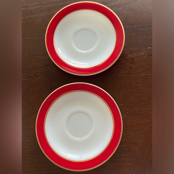 Set of 2 Vintage 1950s Pyrex Gold and Red Rom Milk Glass Saucers - Picture 1 of 8